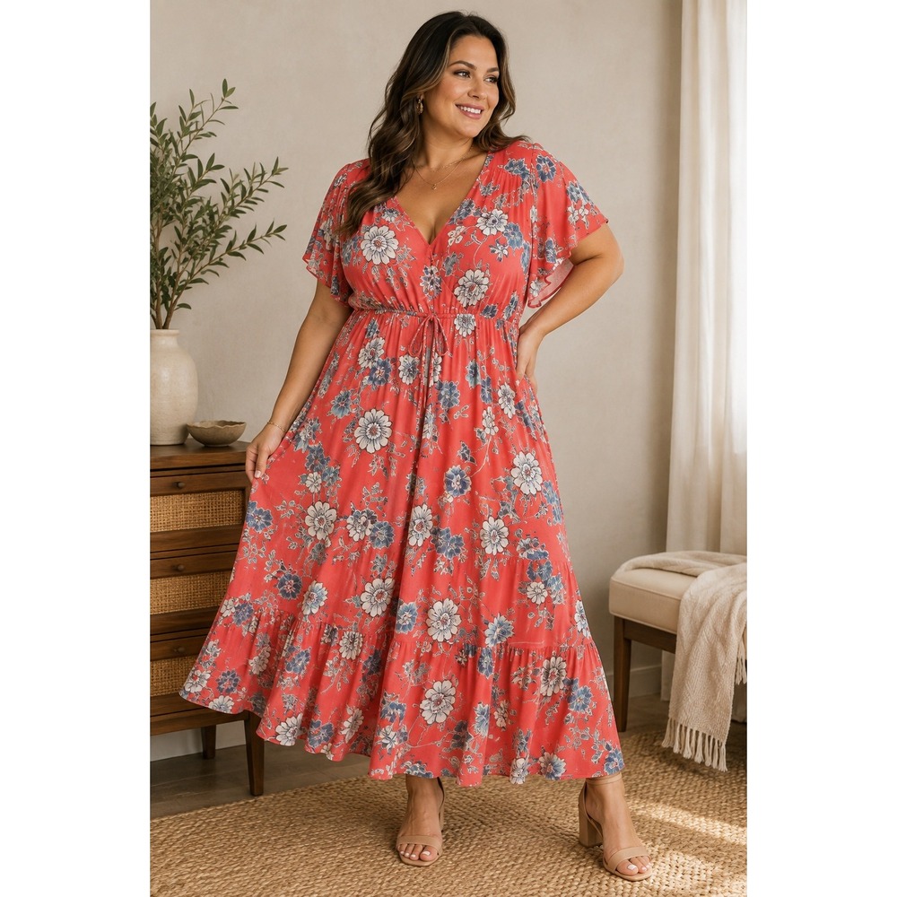 Sonoma Boho Floral Maxi Tiered Dress Plus Size 4X Orange Cottagecore Peasant NWT